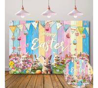 Spring Easter Backdrop Colorful Wooden Wall Bunny Colorful Eggs Photography Background Happy Easter Background Spring Party Decorations Banner (8x6FT(240x180cm))