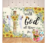 Spring Easter Backdrop Jesus Cross Background With God All Things Are Possible Banner Easter Sunflower Christian Decorations for Home Office Photo Prop Booth (7x5FT)