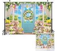 Spring Easter Backdrop Rabbit Colorful Eggs Blue Barn Door Photoshoot Background Spring Bunny Floral Kids Adults Party Decoration Banner Booth Props (8x6FT(94x70 inch))