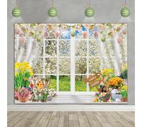 Spring Easter Backdrop Rabbit Window Scenery Forest Tree Colorful Eggs Flower Photography Background Happy Easter Banner Kids Baby Shower Birthday Party Decoration Background (8x6FT: 96x72 inch)