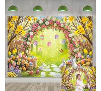 Spring Easter Backdrop Spring Fairytale Garden Arch Colorful Eggs Photography Background Easter Party Banner Baby Shower Decorations Photo Props (7X5FT (210x150cm))