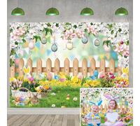 Spring Easter Backdrop Spring Garden Nature Scenery Photography Background Rabbit Green Grass Floral Colorful Eggs Banner Kids Birthday Easter Themed Party Decroations Background (7x5FT: 84x60 inch)