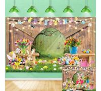 Spring Easter Backdrop Wooden Door Happy Easter Photography Background Floral Bunny Rabbit Colorful Eggs Backdrop Spring Theme Decorations Banner (7x5FT(210x150cm))