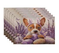 Spring Easter Basenji Dog Placemats Set of 6, 12x18 Inch, Cute Lavender Eggs 6Pcs Washable Table Mats for Home Dinning, Pet Holiday Party Kitchen Decor