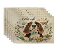 Spring Easter Basset Hound Dog Placemats Set of 6, 12''x18'', Floral Art Eggs 6Pcs Print Washable Table Mats for Dinning, Pet Holiday Home Kitchen Decor