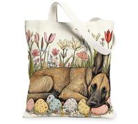 Spring Easter Belgian Malinois Dog Canvas Tote Bag for Shopping 13x15, Vintage Floral Eggs Puppy Reusable Grocery Print Pattern Bag for Women, Fun Pet Beach Aesthetic Painting Gift Decor