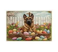 Spring Easter Belgian Malinois Dog Jigsaw Puzzles for Adults 1000 Piece, Farmhouse Eggs Cross Puppy Wooden Puzzles, Vintage Printed Decorations for Entertainment Party