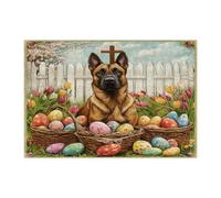 Spring Easter Belgian Malinois Dog Jigsaw Puzzles for Adults 300 Piece, Farmhouse Eggs Cross Puppy Wooden Puzzles, Vintage Printed Decorations for Entertainment Party
