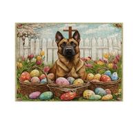 Spring Easter Belgian Malinois Dog Jigsaw Puzzles for Adults 500 Piece, Farmhouse Eggs Cross Puppy Wooden Puzzles, Vintage Printed Decorations for Entertainment Party