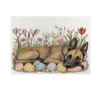 Spring Easter Belgian Malinois Dog Jigsaw Puzzles for Adults 500 Piece, Vintage Floral Eggs Puppy Wooden Puzzles, Fun Pet Pattern Decor for Home Entertainment