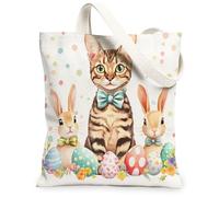 Spring Easter Bengal Cats Canvas Tote Bag for Shopping 13 * 15, Cute Bunny Eggs Reusable Grocery Shoulder Cloth Bag for Women, Pet Painting Gift Decor