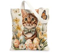 Spring Easter Bengal Cats Canvas Tote Bag for Shopping 13 * 15, Floral Art Eggs Reusable Grocery Shoulder Cloth Bag for Women, Pet Painting Gift Decoration
