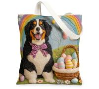 Spring Easter Bernese Mountain Dog Canvas Tote Bag for Shopping 13 * 15, Wool Felt Eggs Puppy Reusable Grocery Bag for Women, Farmhouse Aesthetic Painting Gift Decor