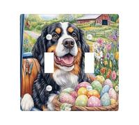 Spring Easter Bernese Mountain Dog Decorative Light Switch Cover Wall Plate 2 Gang Double Toggle, Farmhouse Truck Eggs Puppy Electrical Switchplate, Country Electrical Faceplate for Bedroom