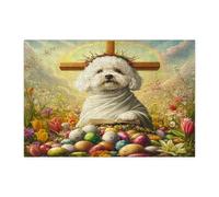 Spring Easter Bichon Frise Dog Jigsaw Puzzles for Adults 300 Piece, Retro Cross Eggs Puppy Wooden Printed Puzzles, Country Pattern Decorations for Entertainment Party