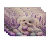 Spring Easter Bichon Frise Dog Placemats Set of 4, 12''x18'', Cute Lavender Eggs 4Pcs Washable Table Mats for Home Dinning, Pet Holiday Party Kitchen Decoration