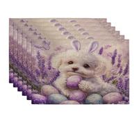 Spring Easter Bichon Frise Dog Placemats Set of 6, 12''x18'', Cute Lavender Eggs 6Pcs Washable Table Mats for Home Dinning, Pet Holiday Party Kitchen Decoration