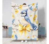 Spring Easter Blue Jay Bird Blanket 40 * 50 Inch, Bows Floral Eggs Warm Fluffy Cozy Flannel Throw Blankets for Bedroom Camping Travel, Animal Couch Sofa Decoration