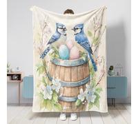 Spring Easter Blue Jay Bird Blanket 40 * 50 Inch, Wooden Floral Eggs Fluffy Fuzzy Flannel Throw Blankets for Couch Sofa Travel, Animal Home Bed Decoration