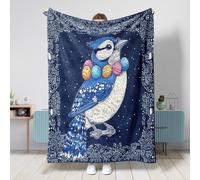 Spring Easter Blue Jay Bird Blanket 50 * 60 Inch, Vintage Eggs Warm Fluffy Fuzzy Flannel Throw Blankets for Bedroom Camping, Animal Couch Sofa Decoration