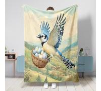Spring Easter Blue Jay Bird Blanket 50x60 Inch, Country Basket Eggs Soft Fuzzy Flannel Throw Blankets for Couch Sofa Travel, Funny Home Bed Decor