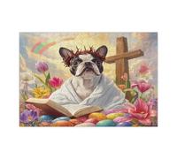 Spring Easter Boston Terrier Dog Jigsaw Puzzles for Adults 300 Piece, Retro Cross Eggs Puppy Wooden Printed Puzzles, Country Pattern Decorations for Entertainment Party