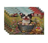 Spring Easter Boston Terrier Dog Placemats Set of 4, 12 * 18, Farmhouse Barn Puppy 4Pcs Print Table Mats for Dinning, Country Pet Holiday Home Kitchen Decor
