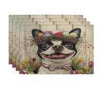 Spring Easter Boston Terrier Dog Placemats Set of 4, 12 * 18, Rustic Country Puppy 4Pcs Print Table Mats for Dinning, Farmhouse Holiday Home Kitchen Decor