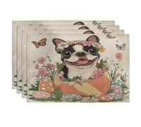 Spring Easter Boston Terrier Dog Placemats Set of 4, 12x18 Inch, Fun Cute Eggs Puppy 4Pcs Table Mats for Dinning, Flowers Pattern Holiday Home Kitchen Decor