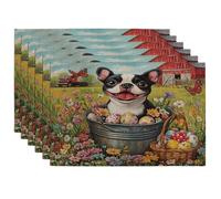 Spring Easter Boston Terrier Dog Placemats Set of 6, 12 * 18, Farmhouse Barn Puppy 4Pcs Print Table Mats for Dinning, Country Pet Holiday Home Kitchen Decor