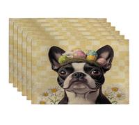 Spring Easter Boston Terrier Dog Placemats Set of 6, 12x18 Inch, Eggs Plaid Daisy 6Pcs Seasonal Table Mats for Home Dinning, Pet Holiday Party Kitchen Decor
