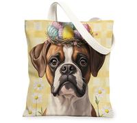 Spring Easter Boxer Dog Canvas Tote Bag for Shopping 13 * 15, Eggs Plaid Daisy Reusable Grocery Shoulder Bag for Women, Pet Painting Gift Decor