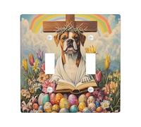Spring Easter Boxer Dog Decorative Light Switch Cover Wall Plate 2 Gang Double Toggle, Bible Cross Eggs Puppy Electrical Switchplate, Country Electrical Faceplate for Bedroom