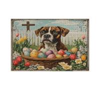 Spring Easter Boxer Dog Jigsaw Puzzles for Adults 1000 Piece, Farmhouse Eggs Cross Puppy Wooden Puzzles, Vintage Printed Decorations for Entertainment Party
