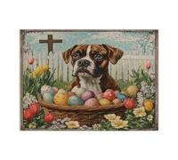 Spring Easter Boxer Dog Jigsaw Puzzles for Adults 500 Piece, Farmhouse Eggs Cross Puppy Wooden Puzzles, Vintage Printed Decorations for Entertainment Party