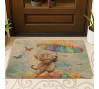 Spring Easter British Shorthair Cats Front Black Door Mat Outside Inside Entrance 29 * 17, Fun Umbrella Eggs Outdoor Indoor Non Slip Doormat, Small Pet Shoes Off Rug for Patio Home