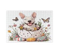 Spring Easter Bull Terrier Dog Jigsaw Puzzles for Adults 300 Piece, Fun Cute Eggs Puppy Wooden Printed Puzzles, Flowers Pattern Decorations for Home Entertainment