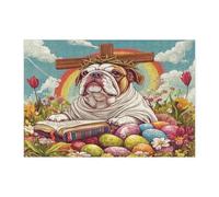 Spring Easter Bulldog Dog Jigsaw Puzzles for Adults 300 Piece, Retro Cross Eggs Puppy Wooden Printed Puzzles, Country Pattern Decorations for Entertainment Party