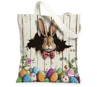 Spring Easter Bunny Rabbit Canvas Tote Bag for Shopping 13 * 15, Farmhouse Rustic Eggs Reusable Grocery Bag for Women, Country Wooden Beach Aesthetic Painting Gift Decor