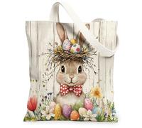 Spring Easter Bunny Rabbit Canvas Tote Bag for Shopping 13 * 15, Farmhouse Rustic Eggs Reusable Grocery Bag for Women, Country Wooden Aesthetic Painting Gift Decor