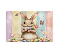 Spring Easter Bunny Rabbit Jigsaw Puzzles for Adults 1000 Piece, Fun Cute Eggs Florals Wooden Printed Puzzles, Funky Groovy Pattern Decorations for Entertainment Party