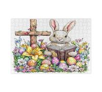 Spring Easter Bunny Rabbit Jigsaw Puzzles for Adults 300 Piece, Cross Eggs Wildflowers Wooden Puzzles, Country Pattern Decor for Home Entertainment