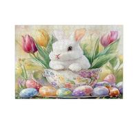 Spring Easter Bunny Rabbit Jigsaw Puzzles for Adults 300 Piece, Fun Cute Eggs Florals Wooden Printed Puzzles, Funky Groovy Pattern Decorations for Home Entertainment
