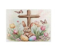 Spring Easter Bunny Rabbit Jigsaw Puzzles for Adults 500 Piece, Cross Eggs Wildflowers Wooden Puzzles, Country Printed Decor for Entertainment Creative