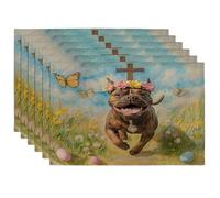 Spring Easter Cane Corso Dog Placemats Set of 6, 12''x18'', Cross Eggs Field 6Pcs Washable Table Mats for Home Dinning, Pet Holiday Party Kitchen Decoration