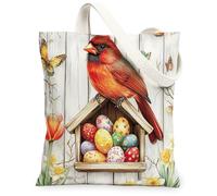 Spring Easter Cardinal Bird Canvas Tote Bag for Shopping 13 * 15, Wood Birdhouse Eggs Reusable Grocery Bag for Women, Floral Travel Pattern Gift Decoration