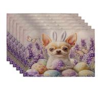 Spring Easter Chihuahua Dog Placemats Set of 6, 12''x18'', Cute Lavender Eggs 6Pcs Washable Table Mats for Home Dinning, Pet Holiday Party Kitchen Decoration