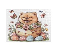 Spring Easter Chow Chow Dog Jigsaw Puzzles for Adults 500 Piece, Fun Cute Eggs Puppy Wooden Printed Puzzles, Flowers Pattern Decorations for Home Entertainment