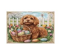 Spring Easter Cockapoo Dog Jigsaw Puzzles for Adults 1000 Piece, Farmhouse Eggs Cross Puppy Wooden Puzzles, Vintage Printed Decorations for Entertainment Party
