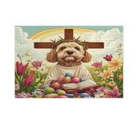 Spring Easter Cockapoo Dog Jigsaw Puzzles for Adults 1000 Piece, Retro Cross Eggs Puppy Wooden Printed Puzzles, Country Pattern Decorations for Entertainment Party